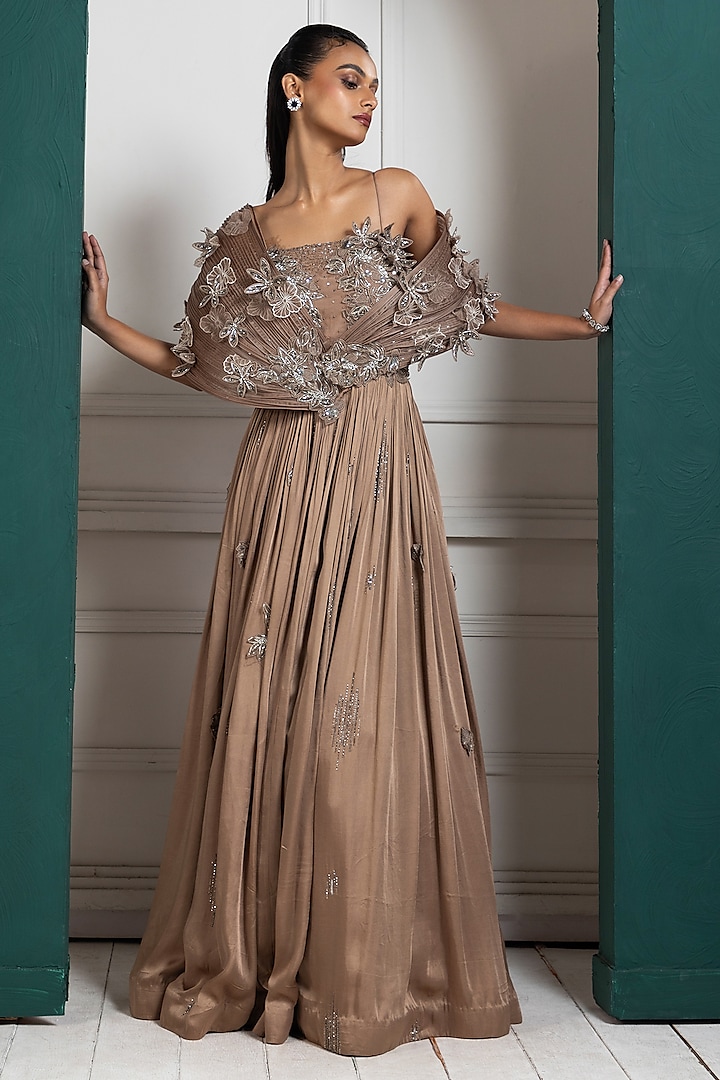 Gold-Toned Modal Satin Sequins Embellished Gown by Smriti by Anju Agarwal at Pernia's Pop Up Shop