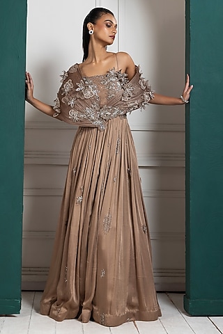 Gold-Toned Modal Satin Sequins Embellished Gown by Smriti by Anju Agarwal