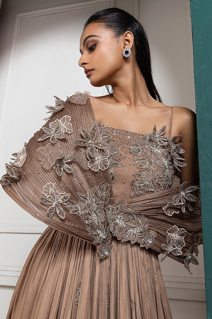 Gold-Toned Modal Satin Sequins Embellished Engagement Gown by Smriti by Anju Agarwal at Pernia's Pop Up Shop
