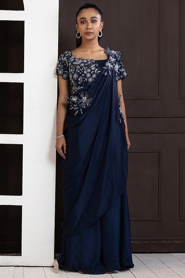 Navy Blue Chiffon Pant Set by Smriti by Anju Agarwal at Pernia's Pop Up Shop