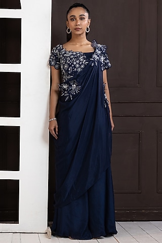 Navy Blue Chiffon Pant Set by Smriti by Anju Agarwal