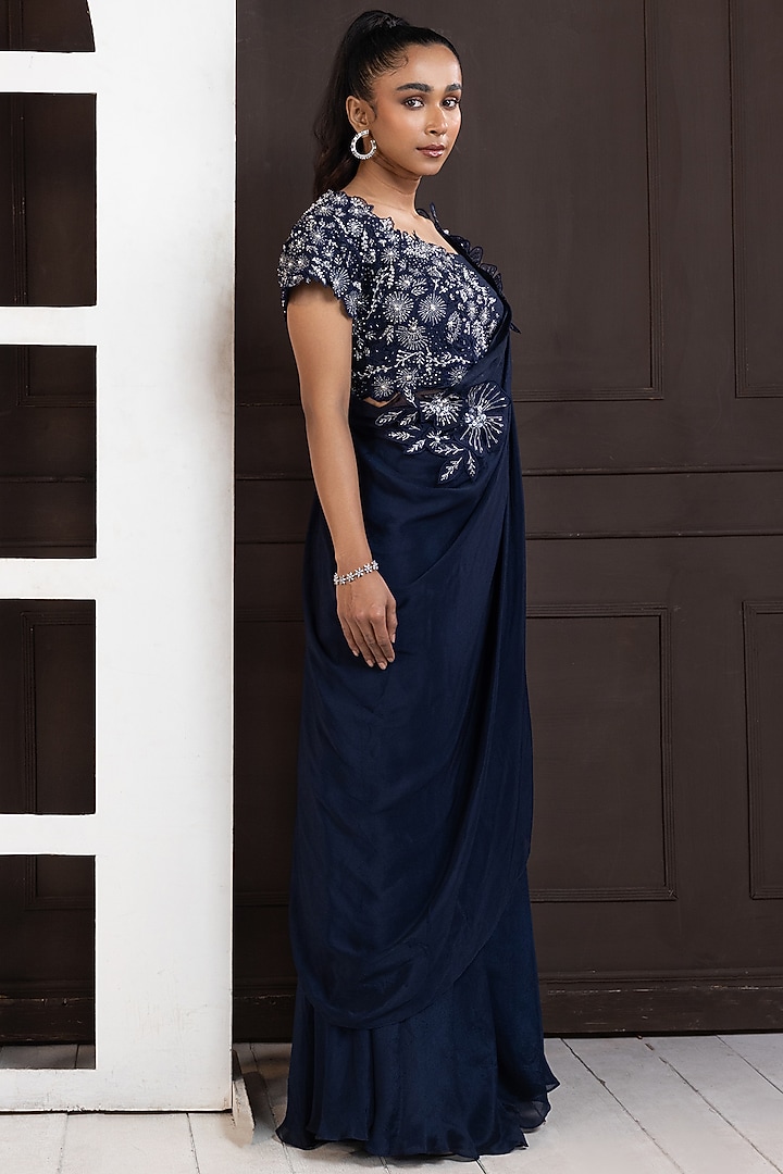 Navy Blue Chiffon Pant Set by Smriti by Anju Agarwal at Pernia's Pop Up Shop