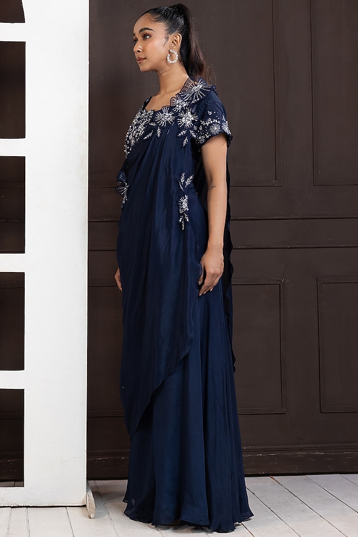 Navy Blue Chiffon Pant Set by Smriti by Anju Agarwal at Pernia's Pop Up Shop