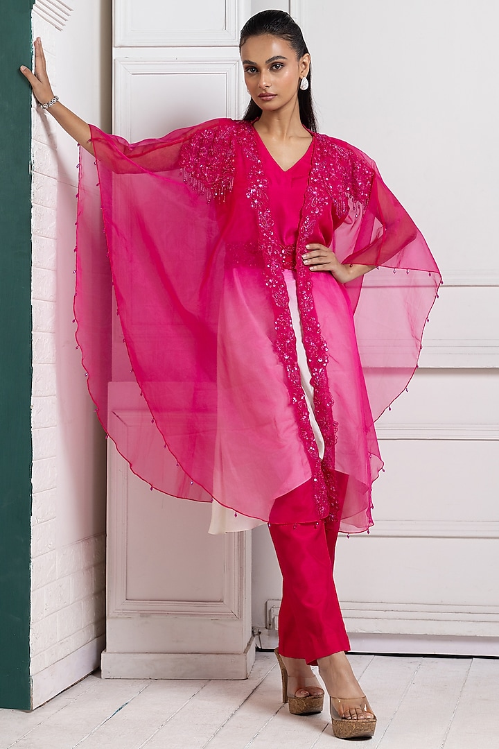 Pink Organza Sequins & Bead Work Cape Set by Smriti by Anju Agarwal at Pernia's Pop Up Shop