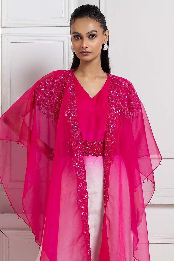 Pink Organza Sequins & Bead Work Cape Set by Smriti by Anju Agarwal at Pernia's Pop Up Shop