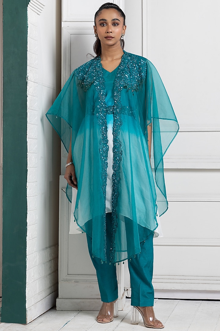 Teal Organza Sequins & Bead Work Cape Set by Smriti by Anju Agarwal at Pernia's Pop Up Shop