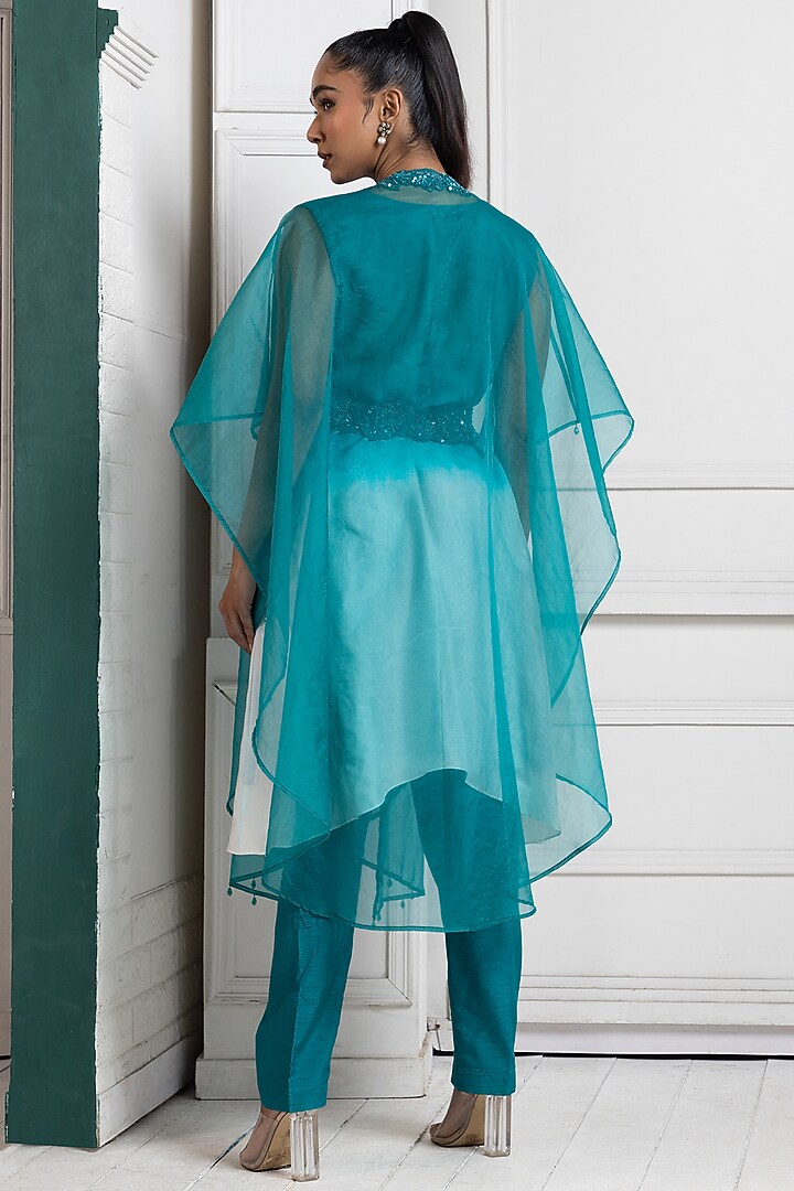 Teal Organza Sequins & Bead Work Cape Set by Smriti by Anju Agarwal at Pernia's Pop Up Shop