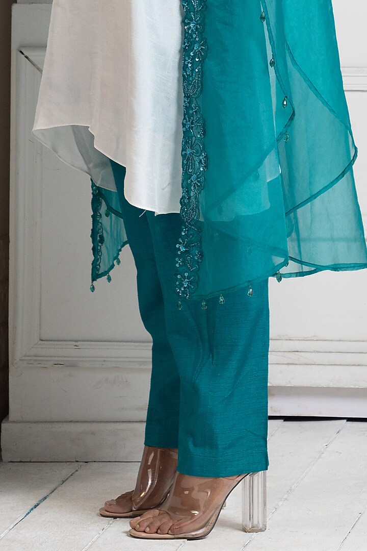 Teal Organza Sequins & Bead Work Cape Set by Smriti by Anju Agarwal at Pernia's Pop Up Shop
