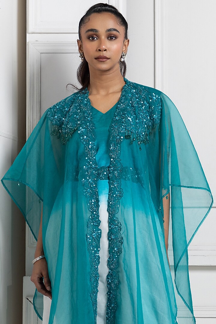 Teal Organza Sequins & Bead Work Cape Set by Smriti by Anju Agarwal at Pernia's Pop Up Shop