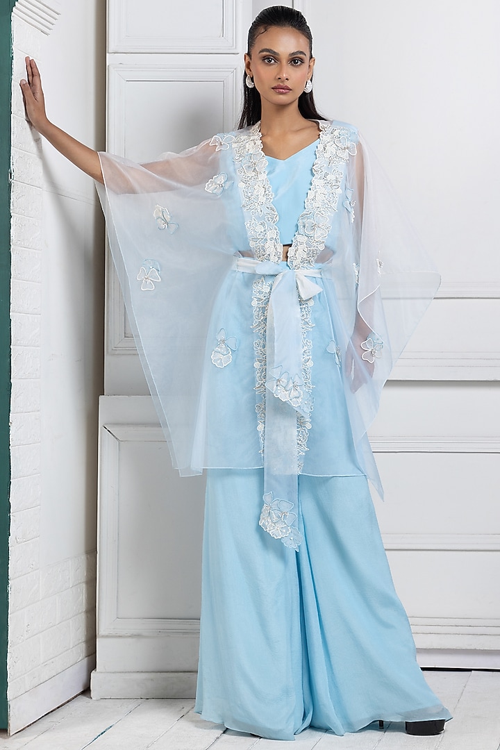 Pastel Blue Organza Floral Embroidered Cape Set by Smriti by Anju Agarwal at Pernia's Pop Up Shop