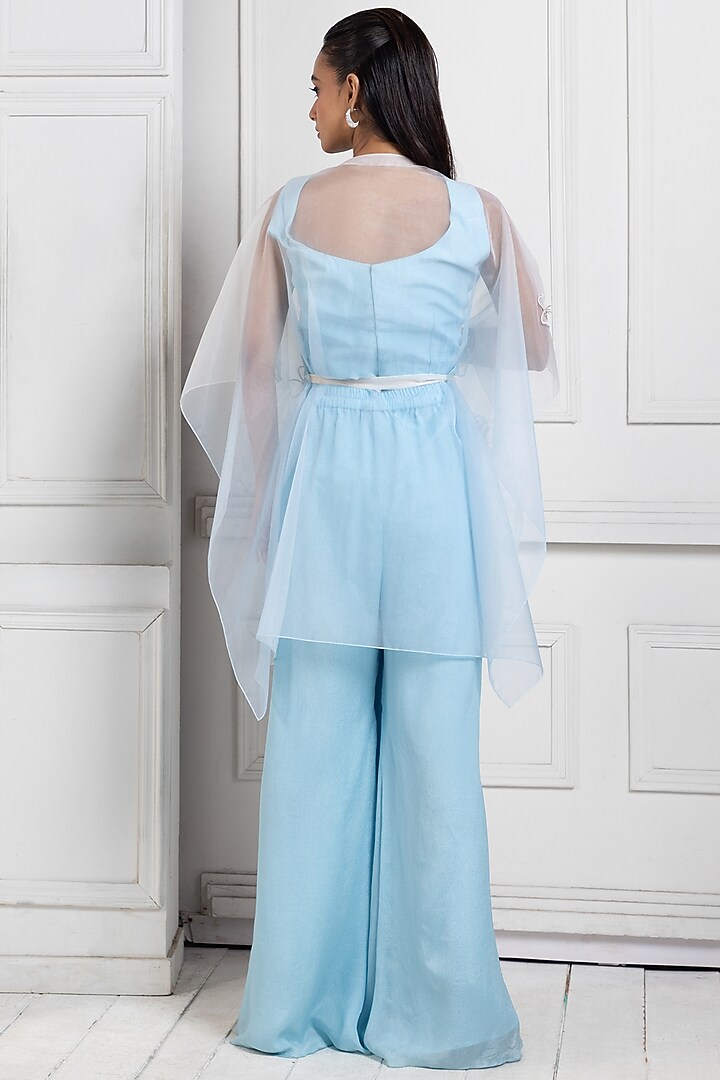 Pastel Blue Organza Floral Embroidered Cape Set by Smriti by Anju Agarwal at Pernia's Pop Up Shop