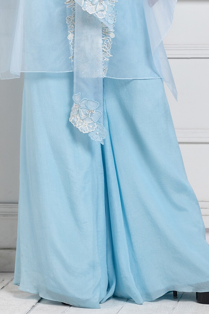 Pastel Blue Organza Floral Embroidered Cape Set by Smriti by Anju Agarwal at Pernia's Pop Up Shop