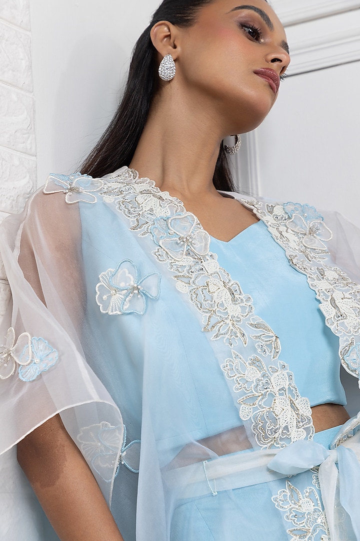 Pastel Blue Organza Floral Embroidered Cape Set by Smriti by Anju Agarwal at Pernia's Pop Up Shop