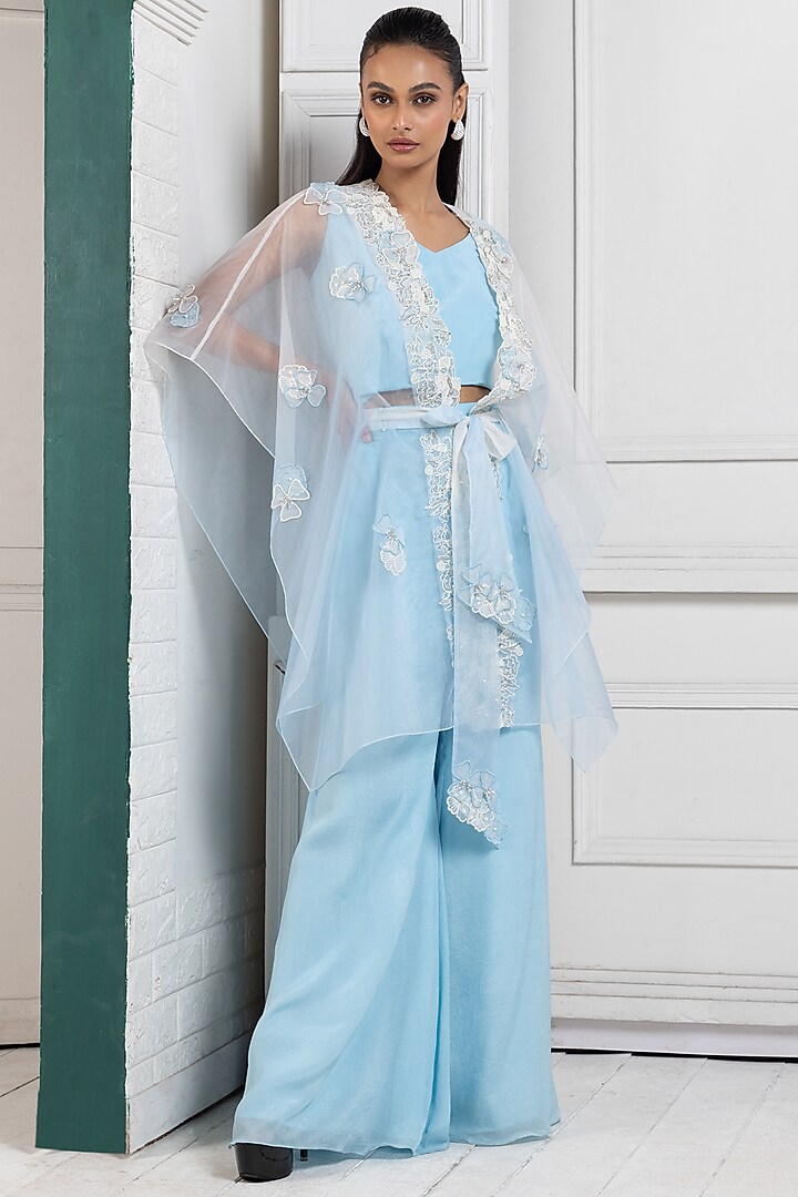 Pastel Blue Organza Floral Embroidered Cape Set by Smriti by Anju Agarwal at Pernia's Pop Up Shop