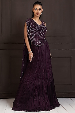 Plum Chiffon Pleated Lehenga Set by Smriti by Anju Agarwal
