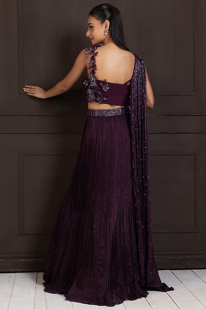 Plum Chiffon Pleated Wedding Lehenga Set by Smriti by Anju Agarwal at Pernia's Pop Up Shop