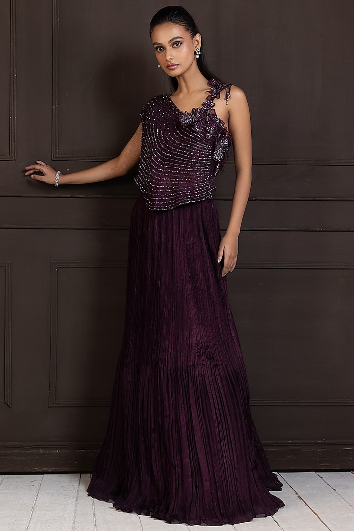 Plum Chiffon Pleated Wedding Lehenga Set by Smriti by Anju Agarwal at Pernia's Pop Up Shop