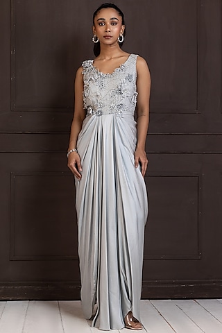Silver Shimmer Satin Sequins Embellished Gown by Smriti by Anju Agarwal