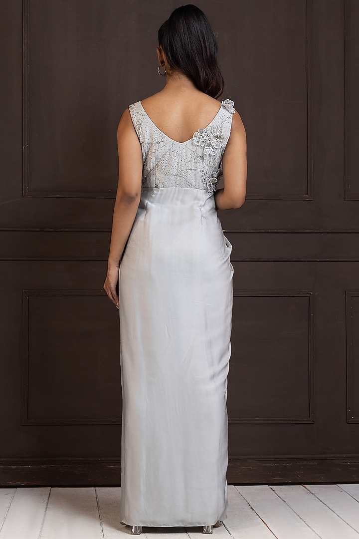 Silver Shimmer Satin Sequins Embellished Party Wear Gown by Smriti by Anju Agarwal at Pernia's Pop Up Shop