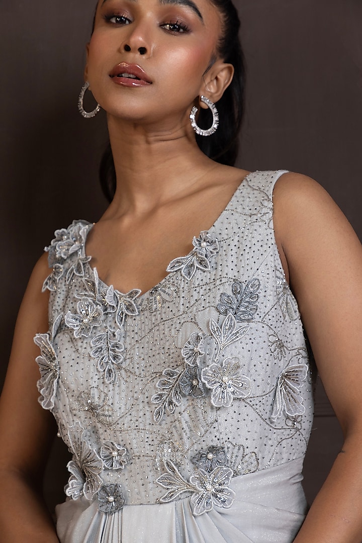 Silver Shimmer Satin Sequins Embellished Party Wear Gown by Smriti by Anju Agarwal at Pernia's Pop Up Shop