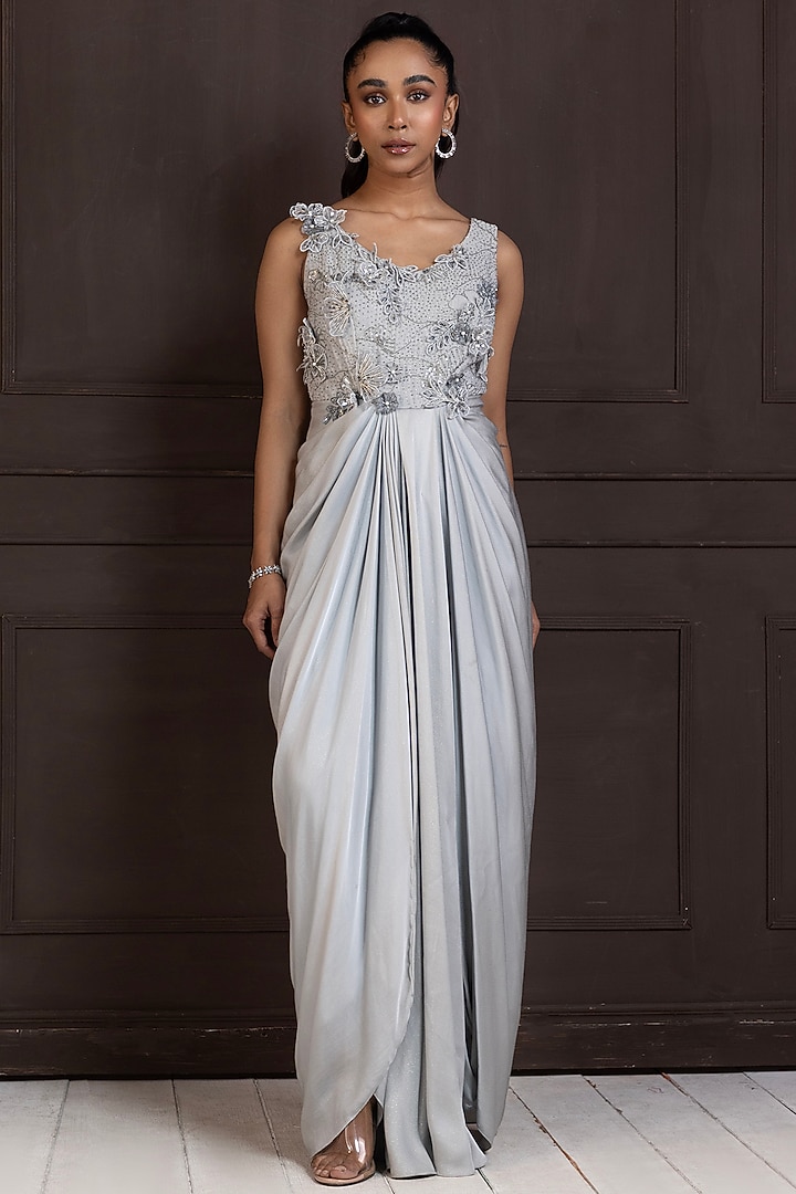 Silver Shimmer Satin Sequins Embellished Party Wear Gown by Smriti by Anju Agarwal at Pernia's Pop Up Shop