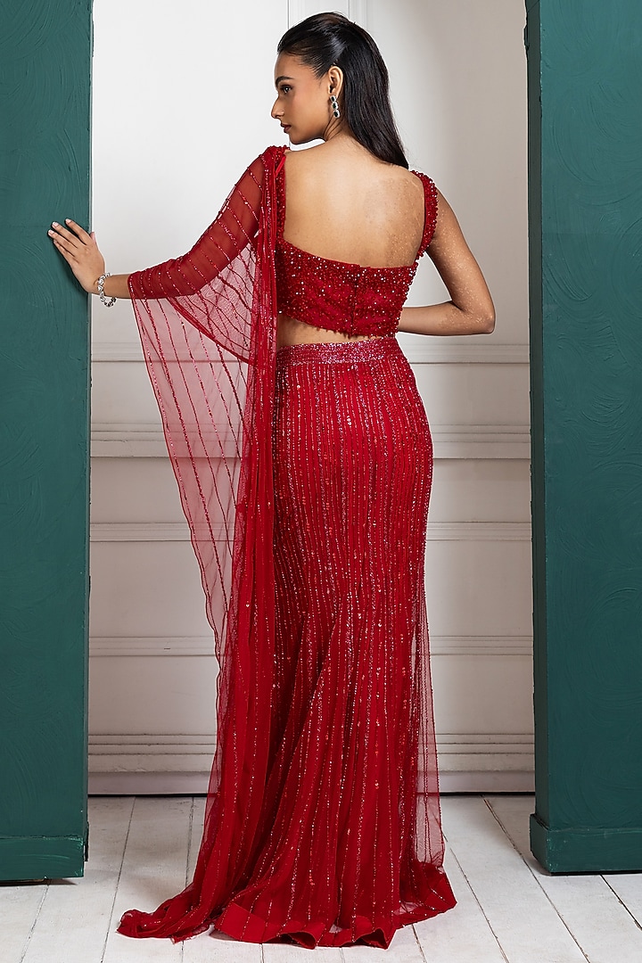 Red Butterfly Net Draped Wedding Saree Set by Smriti by Anju Agarwal at Pernia's Pop Up Shop