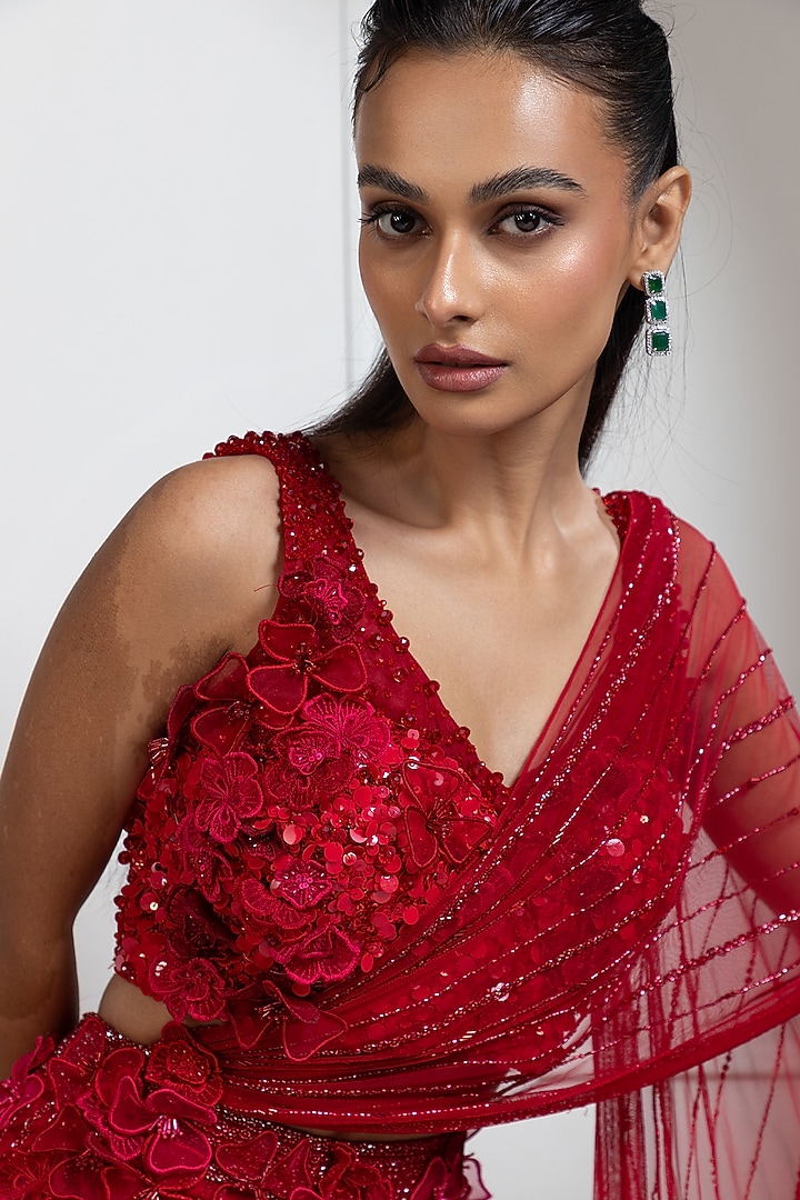 Red Butterfly Net Draped Wedding Saree Set by Smriti by Anju Agarwal at Pernia's Pop Up Shop