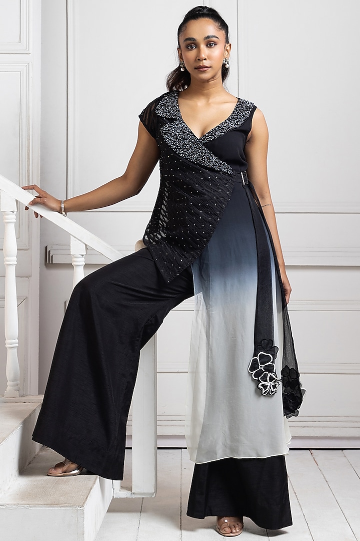 Deep Black Georgette Embellished Jumpsuit With Wrap by Smriti by Anju Agarwal at Pernia's Pop Up Shop