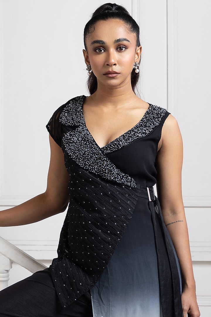 Deep Black Georgette Embellished Jumpsuit With Wrap by Smriti by Anju Agarwal at Pernia's Pop Up Shop