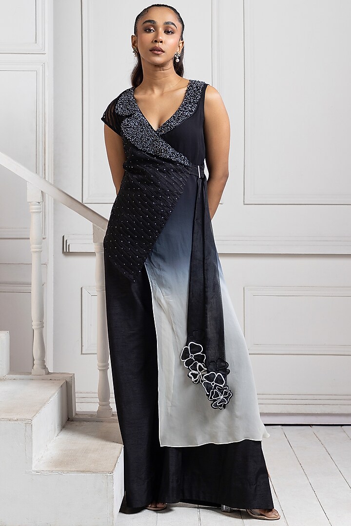 Deep Black Georgette Embellished Jumpsuit With Wrap by Smriti by Anju Agarwal at Pernia's Pop Up Shop