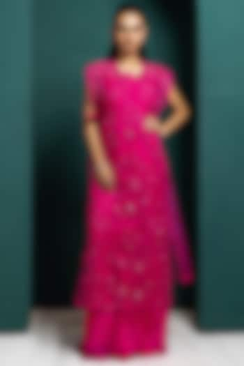 Fuchsia Pink Chiffon Gown With Cape by Smriti by Anju Agarwal at Pernia's Pop Up Shop