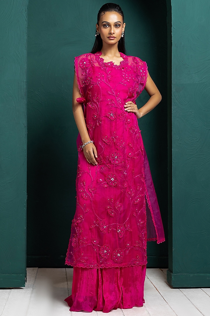 Fuchsia Pink Chiffon Gown With Cape by Smriti by Anju Agarwal at Pernia's Pop Up Shop