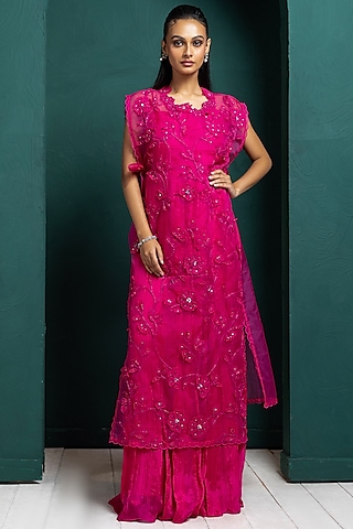 Fuchsia Pink Chiffon Gown With Cape by Smriti by Anju Agarwal