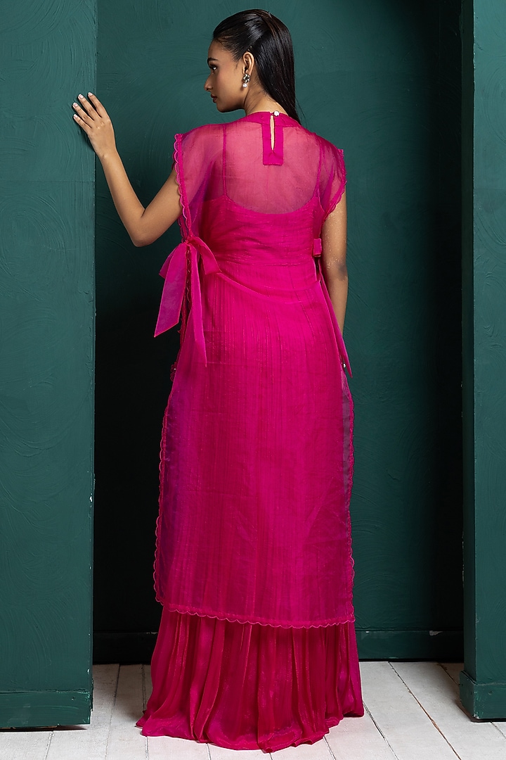 Fuchsia Pink Chiffon Party Wear Gown With Cape by Smriti by Anju Agarwal at Pernia's Pop Up Shop