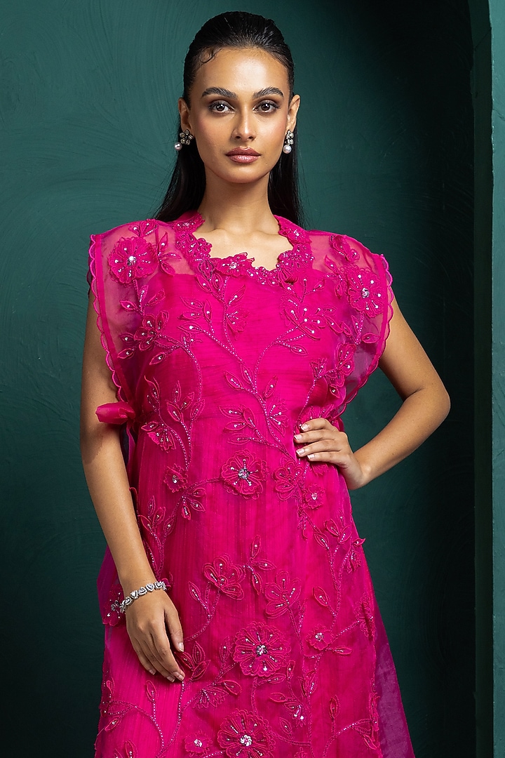 Fuchsia Pink Chiffon Party Wear Gown With Cape by Smriti by Anju Agarwal at Pernia's Pop Up Shop
