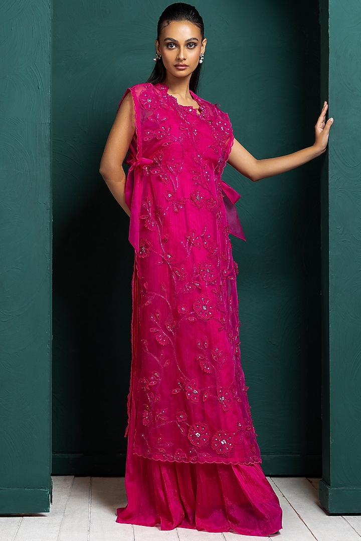 Fuchsia Pink Chiffon Party Wear Gown With Cape by Smriti by Anju Agarwal at Pernia's Pop Up Shop
