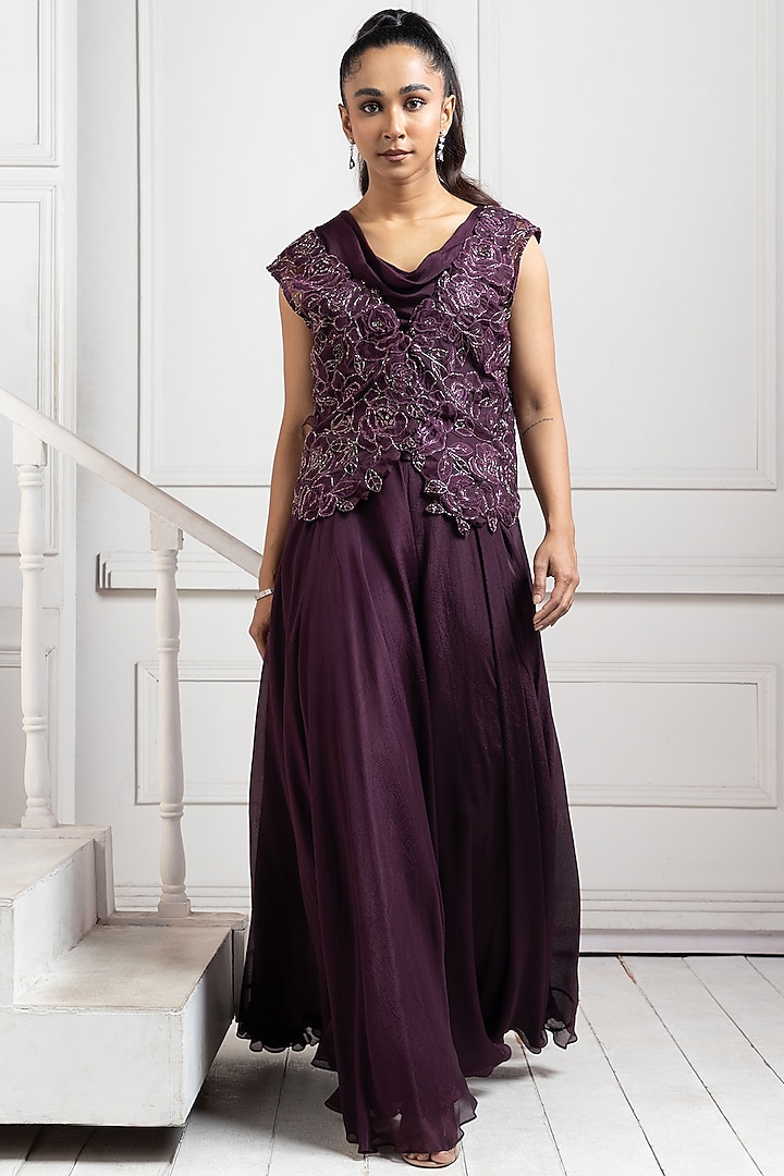 Plum Chiffon Embroidered Jumpsuit With Overlay by Smriti by Anju Agarwal at Pernia's Pop Up Shop