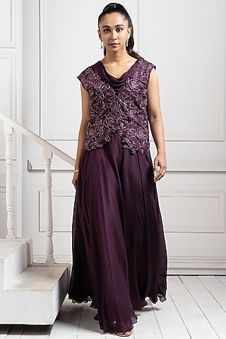 Plum Chiffon Embroidered Jumpsuit With Overlay by Smriti by Anju Agarwal