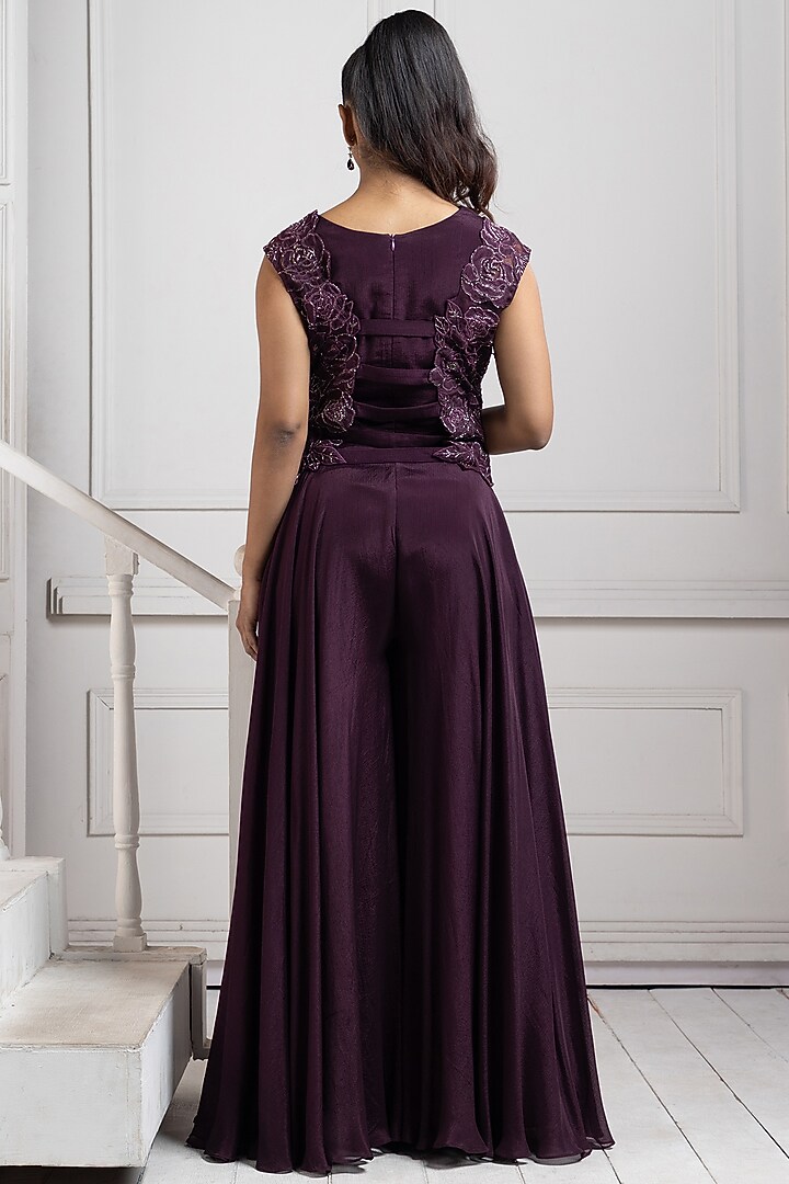 Plum Chiffon Embroidered Jumpsuit With Overlay by Smriti by Anju Agarwal at Pernia's Pop Up Shop