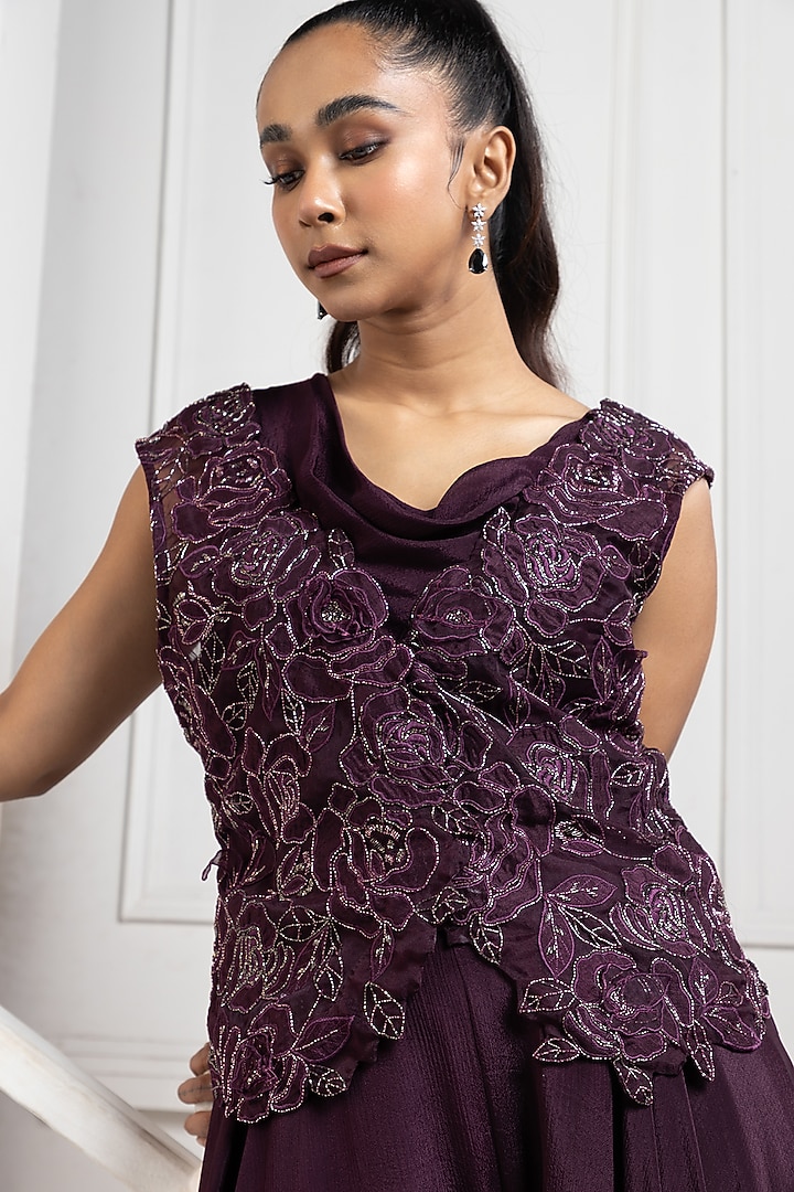 Plum Chiffon Embroidered Jumpsuit With Overlay by Smriti by Anju Agarwal at Pernia's Pop Up Shop