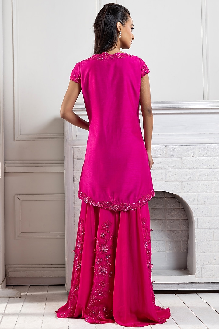 Fuchsia Pink Crepe & Silk Floral Embroidered Wedding Lehenga Set by Smriti by Anju Agarwal at Pernia's Pop Up Shop