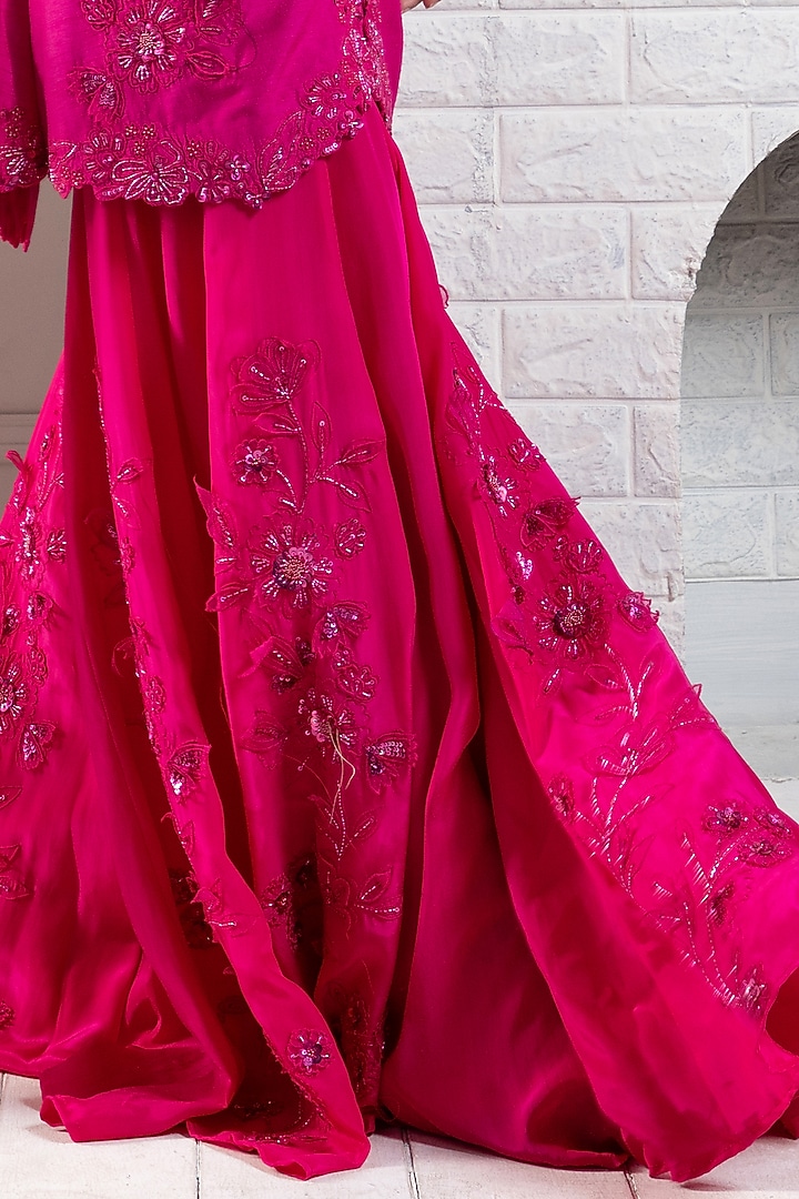 Fuchsia Pink Crepe & Silk Floral Embroidered Wedding Lehenga Set by Smriti by Anju Agarwal at Pernia's Pop Up Shop