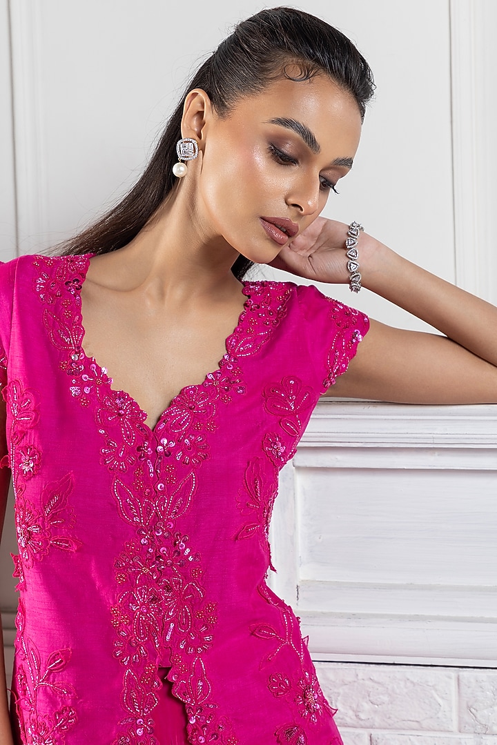 Fuchsia Pink Crepe & Silk Floral Embroidered Wedding Lehenga Set by Smriti by Anju Agarwal at Pernia's Pop Up Shop