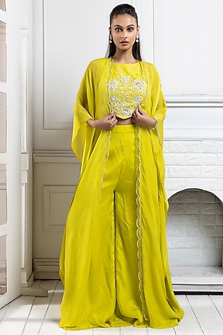 Chartreuse Green Organza Embroidered Cape Set by Smriti by Anju Agarwal