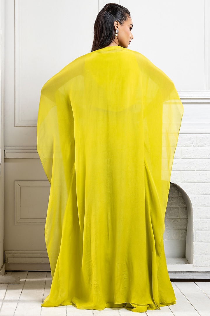 Chartreuse Green Organza Embroidered Cape Set by Smriti by Anju Agarwal at Pernia's Pop Up Shop