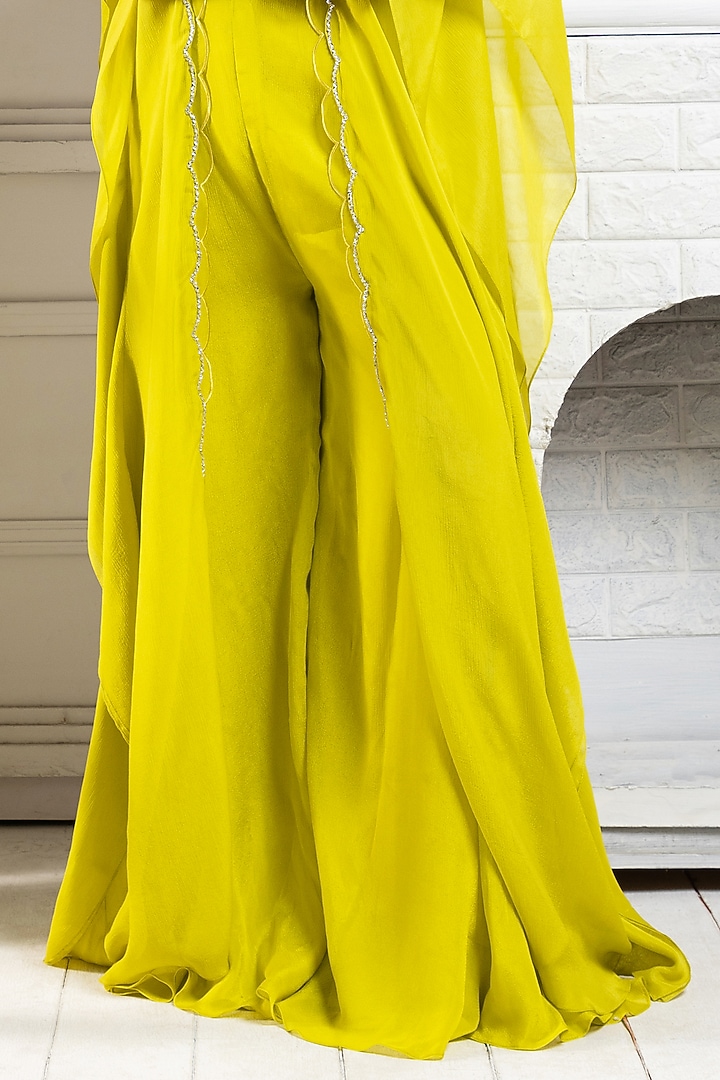 Chartreuse Green Organza Embroidered Cape Set by Smriti by Anju Agarwal at Pernia's Pop Up Shop