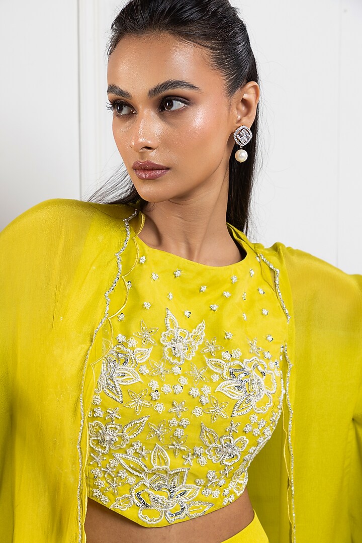 Chartreuse Green Organza Embroidered Cape Set by Smriti by Anju Agarwal at Pernia's Pop Up Shop