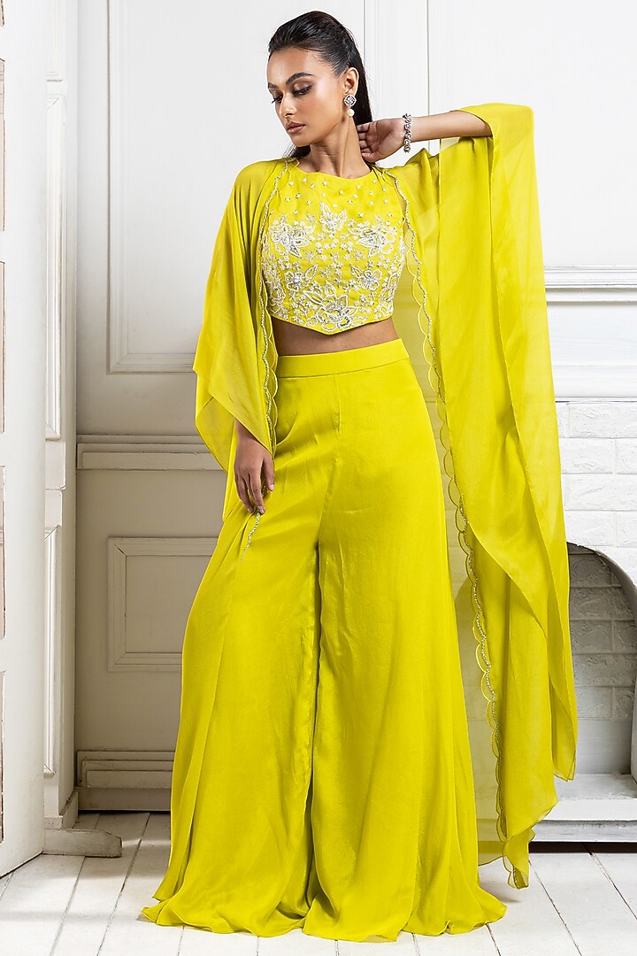 Chartreuse Green Organza Embroidered Cape Set by Smriti by Anju Agarwal at Pernia's Pop Up Shop