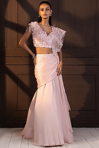 Powder Pink Chiffon Floral Applique Work Draped Saree Set by Smriti by Anju Agarwal