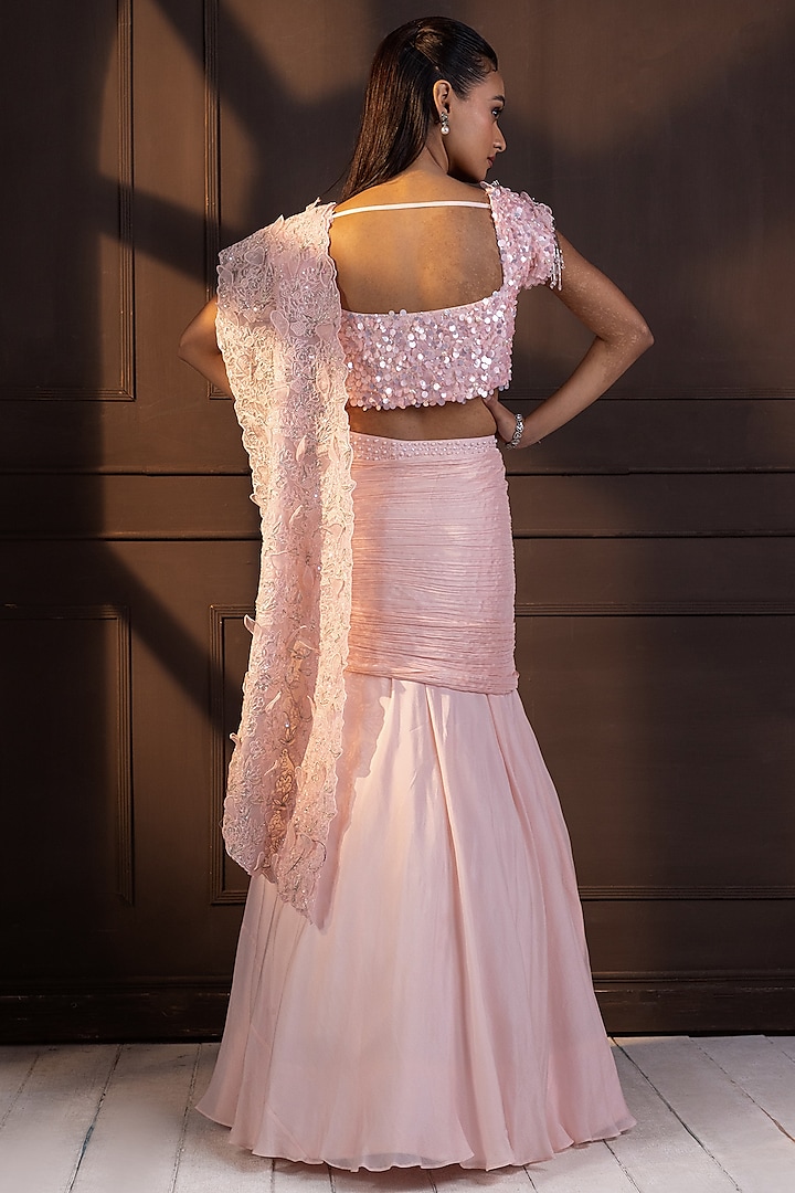 Powder Pink Chiffon Floral Applique Work Draped Wedding Saree Set by Smriti by Anju Agarwal at Pernia's Pop Up Shop